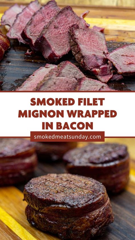 There's many ways to prepare filet mignon, but this recipe is best! Smoked filet mignon wrapped in bacon is flavorful and juicy. Don't miss out on this amazing smoked meat recipe! #smokedmeat #smokerrecipe Smoked Filet Mignon, Filet Mignon Recipes Grilled, Bacon Wrapped Filet Mignon, Bacon Wrapped Tenderloin, Preserve Meat, Bacon Wrapped Steak, Bacon Wrapped Beef, Fire Recipes, Bacon Wrapped Filet