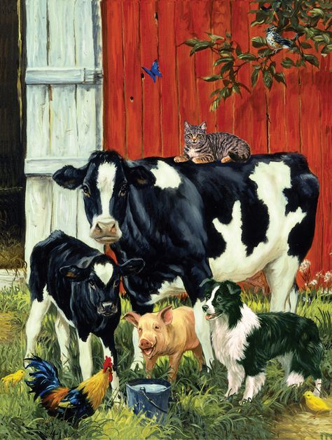 Linda Picken Farm Animal Paintings, Farm Pictures, Farm Paintings, Cow Pictures, Go Vegan, Farm Art, Chicken Art, Barnyard Animals, Cow Painting