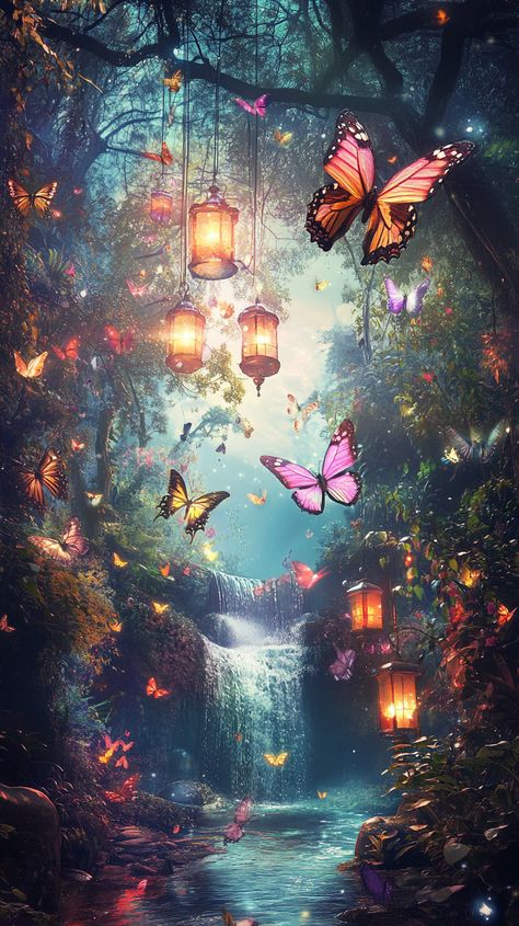 A dreamlike forest with floating lanterns, crystal waterfalls, and giant butterflies, enveloped in a misty glow under a sky swirling with vibrant colors. Giant Butterfly, Floating Lanterns, Forest Tattoos, Fairy Forest, Real Friendship, Mystical Forest, Magic Forest, Real Friendship Quotes, Harry Potter Theme