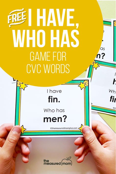 Free printable I have who has CVC game - great CVC word activity! I Have Who Has Cvc Words Free, Cvc Blending Cards Free, I Have Who Has Games Free, Cvc Games Kindergarten, Kindergarten Tutoring, Preschool Phonemic Awareness, Math Free Printables, Kindergarten Letter Recognition, Letter Recognition Kindergarten