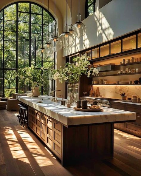 Kitchen Big Windows Glass Doors, Large Kitchen Double Island, Kitchen Leading To Garden, Modern Kitchen Big Windows, Kitchens With A View, Big Window In Kitchen, Big Kitchen Aesthetic, Big Windows Kitchen, Large Window Kitchen