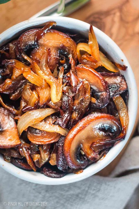 This easy recipe for caramelized onions and sauteed mushrooms brings out the best in both ingredients in a single pan on your stovetop. A perfect veggie side dish, and a tasty topping for steak, burgers, and sandwiches! Sautéed Mushrooms And Onions For Steak, Mushroom Onion Steak Topping, Mushrooms And Onions For Steak, Topping For Steak, Steak Toppings, Steak Board, Steak Burgers, Caramelized Onions And Mushrooms, Veggie Side Dish