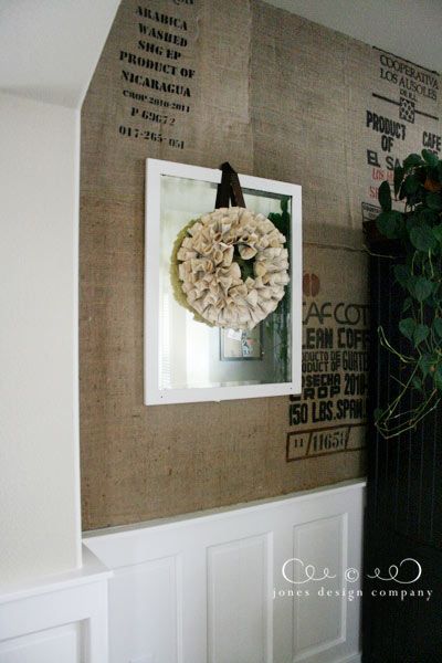 absolutely fantastic idea: use old coffee bags as wallpaper  designer, Jones Design company Burlap Coffee Bags, Jones Design Company, Burlap Wall, Coffee Sacks, Upholstered Walls, Rearranging Furniture, Maxwell House, Coffee Bags, Burlap Bags