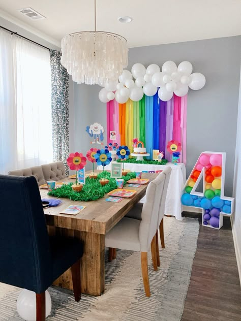 Easy Rainbow Party Decorations, 3rd Birthday Party Rainbow, 7 Birthday Decoration Ideas, Rainbow Themed 2nd Birthday Party, 3rd Birthday Rainbow Party, Trolls Backdrop Ideas Diy, Rainbow Birthday Diy, Diy Rainbow Decorations Birthday, Basic First Birthday Party