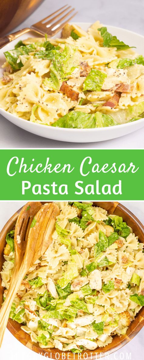 We love serving this chicken caesar pasta salad recipe for potlucks and summer barbecues! It's filled with romaine lettuce, croutons, bacon, leftover chicken, all in a creamy caesar dressing! #gayglobetrotter #caesarpastasalad #pastasalad #chickencaesar #chickencaesarpastasalad Lettuce And Pasta Salad Recipes, Romaine Pasta Salad, Meals With Romaine Lettuce, Romaine Lettuce Recipe Ideas, Leftover Lettuce Recipes, Romain Lettuce Recipes, Salad Recipes Ceasar, Salad With Pasta And Lettuce, Recipes With Romaine Lettuce