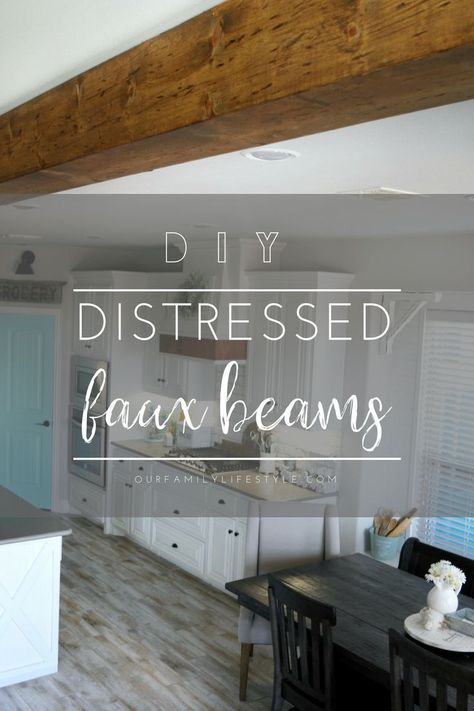 How to Make DIY Distressed Faux Beams - See how we took three common pine boards, beat them with chicken wire and hand tools to give them a distressed look; then hung them as faux beams in our house! Faux Wood Painting, Faux Ceiling Beams, Builder Grade Kitchen, Hand Hewn Beams, Faux Beams, Faux Wood Beams, Pine Boards, Diy Holz, Up House