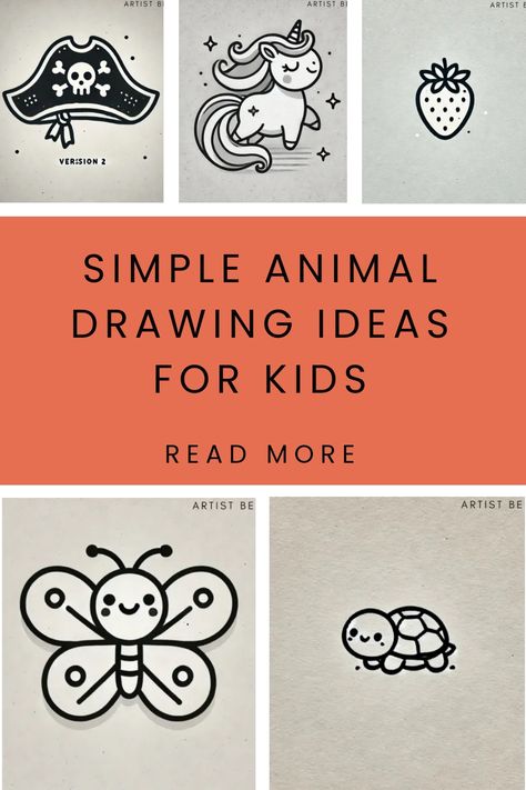 Simple animal drawing ideas for kids, featuring a pirate hat, unicorn, strawberry, butterfly, and turtle. Easy Doodle Animals, Tiny Animal Doodles, Kid Drawing Ideas Easy, How To Draw Simple, How To Draw Animals For Kids, Easy Kid Drawings, How To Draw Animals Step By Step, How To Draw Cute Things, How To Draw Cute Animals