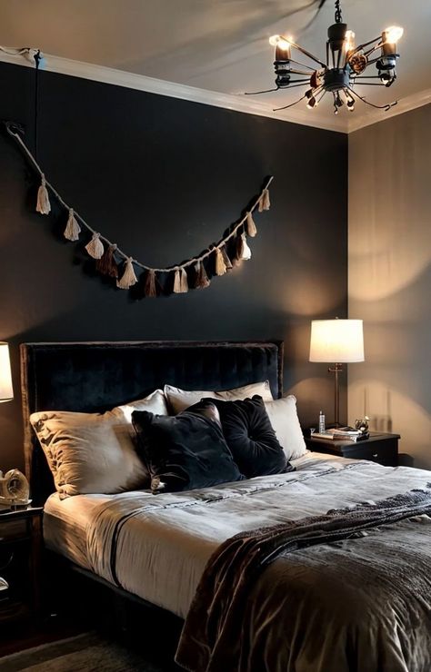 Dark Indie Bedroom, Indie Bedroom Aesthetic, Velvet Tufted Headboard, Black Nightstands, Indie Bedroom, Black Nightstand, Moody Bedroom, Bulb String Lights, Tufted Headboard