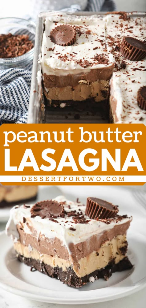 This summer dessert idea is easy and entirely no-bake! Complete with an Oreo cookie crust, a chocolate layer, and whipped cream topping, this peanut butter lasagna recipe is so delicious in every bite. Put this dessert lasagna on your 4th of July treats! Pitch In Desserts, No Bake Lasagna Dessert, Easy Dessert Casserole Recipes, Hot Day Desserts, Dessert For Pasta Night, Easy Desserts For Cookout, Vanilla Lasagna Dessert, 9x13 Dessert Recipes, Easter Lasagna Dessert