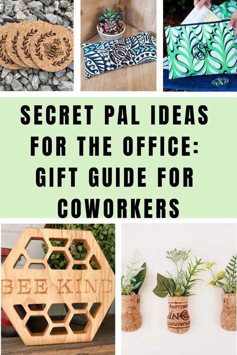 Secret pal gift ideas for the office: Gift guide for coworkers, with photos of gifts Morale Pal Gift Ideas, Work Gifts For Coworkers, Monthly Secret Pal Ideas, January Secret Pal Gift Ideas, Fall Secret Pal Gifts, Secret Pal Gift Ideas For Coworkers Fall, Handmade Gifts For Coworkers, Teacher Secret Pal Ideas, Secret Sister Gift Ideas For Work