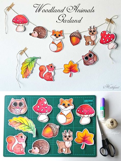 Woodland Animal Garland, Hattifant Free Printables, Free Woodland Animal Printables, Fall Garland Diy, Animal Garland, Woodland Animals Party, Weekly Themes, Fall Paper Crafts, Autumn Animals