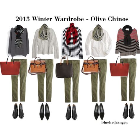 Winter Wardrobe - Olive Chinos by bluehydrangea on Polyvore featuring Madewell, Zara, Line, J.Crew, 3.1 Phillip Lim, BeckSÃ¶ndergaard, SILENT by Damir Doma, Lieke Van Opstal and Magnanni Olive Pants Outfit, Olive Chinos, Green Pants Outfit, Olive Jeans, Jeans Outfit Winter, Olive Pants, Damir Doma, How To Wear A Scarf, Trendy Skirts