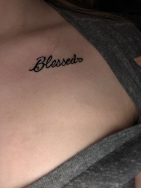 Blessed Tattoos For Women, Blessed Tattoo On Chest, Blessed Chest Tattoo, Angel Chest Tattoo, Tattoo Ideas Female On Chest, Blessed Tattoo For Women, Blessed Tattoos, Small Chest Tattoos, Hand Tattoos For Girls