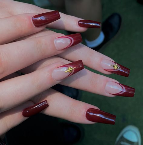 Metallic Red French Tip Nails, Red Nails With Gold Details, Dark Cherry Red Nails French Tip, Dark Red Nails With Design, Red And Gold Nails, Classy Acrylic, Dark Red Nails, Gold Nail Designs, Red French