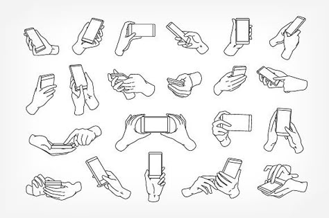 Hands holding smartphone set by Good Studio on @creativemarket Hand Holding Something, Hand Holding Phone, Line Illustrations, Holding Phone, 동화 삽화, Anime Hands, Hand Drawing Reference, Hands Holding, Anatomy Drawing