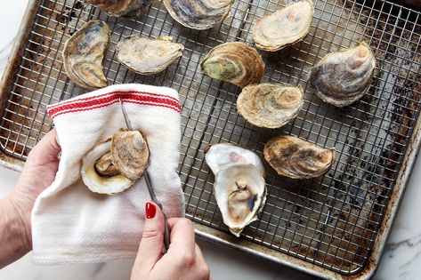 How to Open Oysters in the Oven | Epicurious Roasted Oysters In Oven, Oysters In The Oven, Oyster Rice, Stuffing With Bacon, Oysters At Home, Seafood Extravaganza, Oysters Recipes, Oyster Stuffing, Seafood Christmas