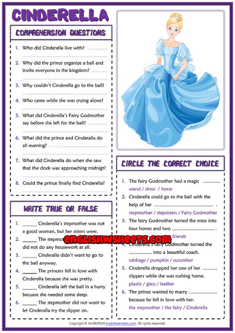 Cinderella ESL Reading Comprehension Questions Worksheet Fairytale Worksheets, Cinderella Activities For Kids, Cinderella Activities, English Story Reading With Questions, Cinderella Worksheets, Esl Reading Comprehension, Word Puzzles For Kids, English Grammar Exercises, Esl Reading