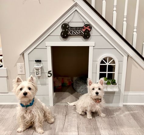 Doggie Nook Under Stairs, Under Stairs Doggie Room, Pet House Under Stairs, Dogs Room Under The Stairs, Dog House Design Indoor, Under Stairs Dog House Diy, Litter Box Room Under Stairs, Dog House In Closet, Luxury Dog House Indoor