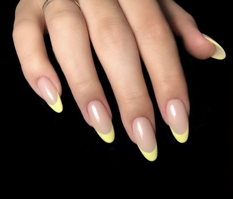 Coloured French Almond Nails, French Tips Yellow, Esthetic Nails, Yellow French Nails, Nails Esthetic, Yellow French Tip, Lines Nails, Simple Toe Nails, Almond Nails French