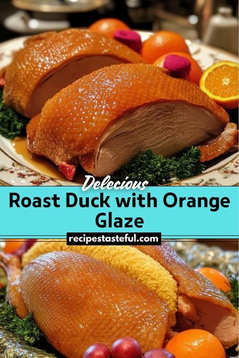 Roast Duck with Orange Glaze is a succulent and elegant dish featuring crispy-skinned duck coated in a tangy and sweet orange glaze. Perfect for special occasions or a luxurious family dinner, this recipe combines rich flavors with a visually stunning presentation. Thanksgiving Duck Recipes, Duck A La Orange Recipe, Oven Roasted Duck Recipe, Duck A L'orange Recipe, Roast Duck Recipes, Duck Recipes Whole, Roasted Duck Recipes, Orange Duck, Holiday Recipies