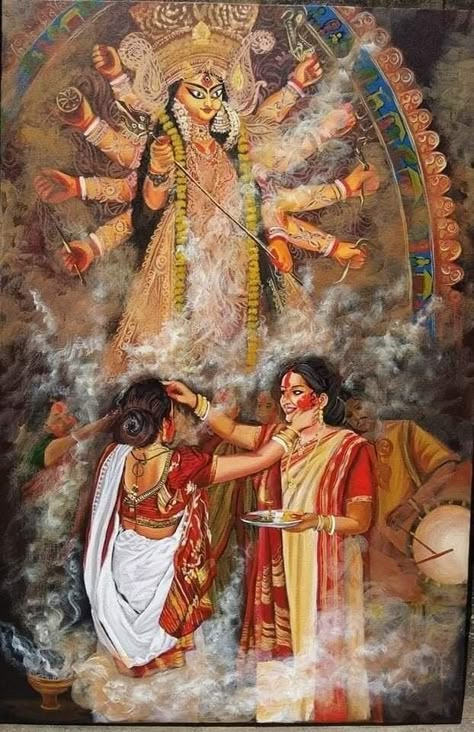 Durga Puja Painting Composition, Durga Puja Watercolor Painting, Durga Pujo Drawings, Durga Puja Drawing Watercolor, Durga Maa Watercolor Painting, Durga Art Paintings, Durga Maa Paintings Bengali, Durga Puja Art, Durga Painting Artworks