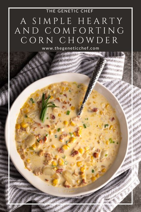 A simple hearty and comforting corn chowder that’s warm, filling, and delicious. This is a creamy, thick, and flavorful soup. Crispy bits of bacon offer the perfect level of saltiness and a few snips of shallots bring the slightest hint of onion for every bite - not to mention a touch of color. #cornchowder #corn #chowder #soups | @thegeneticchef Hearty Corn Chowder, Something Different For Dinner, Corn Chowder Soup, Drink Recipies, Carmelized Onions, Shrimp Soup, Chowder Soup, Winter Soups, Soup Season