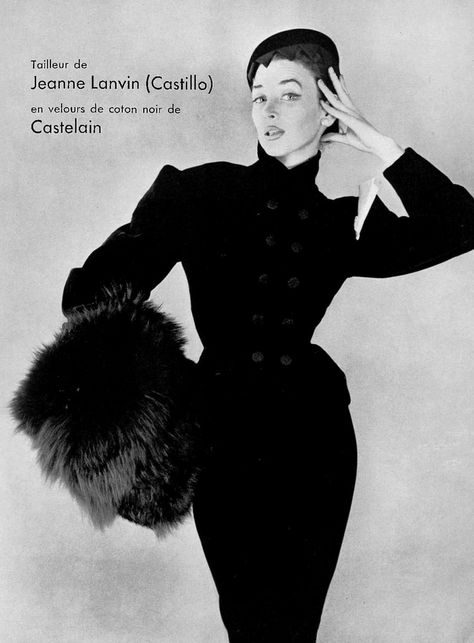 Dorian Leigh in black velvet suit by Lanvin-Castillo, photo by Roland de Vassal, 1953 mmmmm 1950s Fashion Photography, Early 60s Fashion, Dorian Leigh, Black Velvet Suit, 18th Century Dresses, Classical Dress, 1960 Fashion, Timeless Photography, Jeanne Lanvin