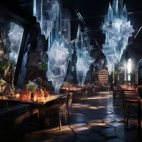 photograph magic restaurant, ether, high resolution, high quality, photorealistic, hyperealistic, detailed, crystals, quartz, potions, nature, fantasy Fantasy Restaurant, Dnd Locations, Peanut Butter Jelly Time, Future Inspiration, Fantasy Shop, Crystals Quartz, Aesthetic Space, Fantasy House, Light Sculpture