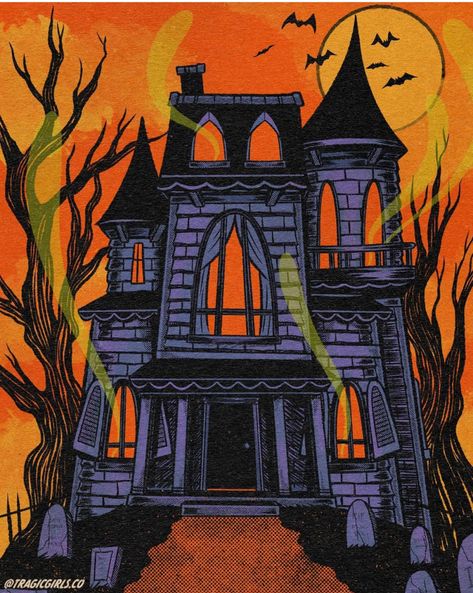 Halloween Aesthetic Instagram, Haunted House Cartoon, Haunted House Pictures, Vintage Halloween Aesthetic, Haunted House Drawing, Halloween Iphone Wallpaper, Helloween Wallpaper, Old Victorian House, Vintage Halloween Art