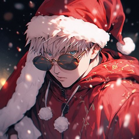 Christmas Anime Fanart, Gojo With Christmas Hat, Jjk Christmas Fanart, Gojo Satoru Christmas Pfp, Anime Boy Christmas, Gojo Satoru Christmas, Gojo Christmas Pfp, Jjk Christmas Pfp, Gojo Halloween