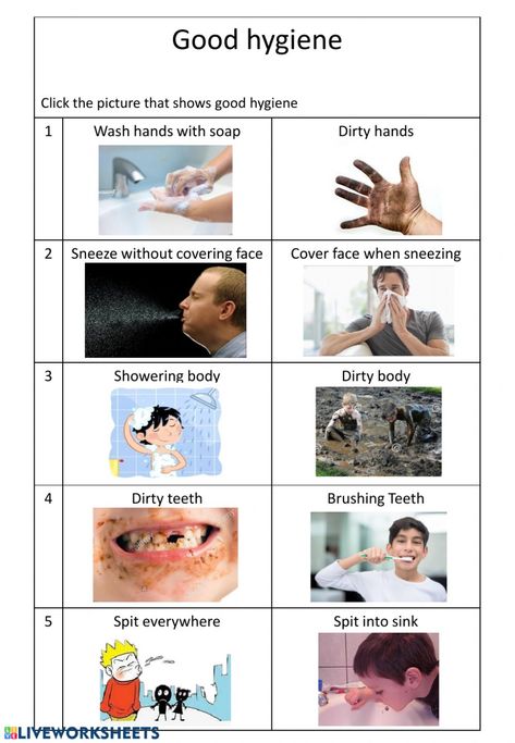 Good hygiene - Interactive worksheet Cleanliness Worksheets For Kids, Hygiene Worksheets For Kids, Personal Hygiene Poster, Proper Hygiene Poster, Hygiene For Kids, Hygiene Worksheet, Personal Hygiene For Kids, Personal Hygiene Worksheets, Personal Hygiene Activities