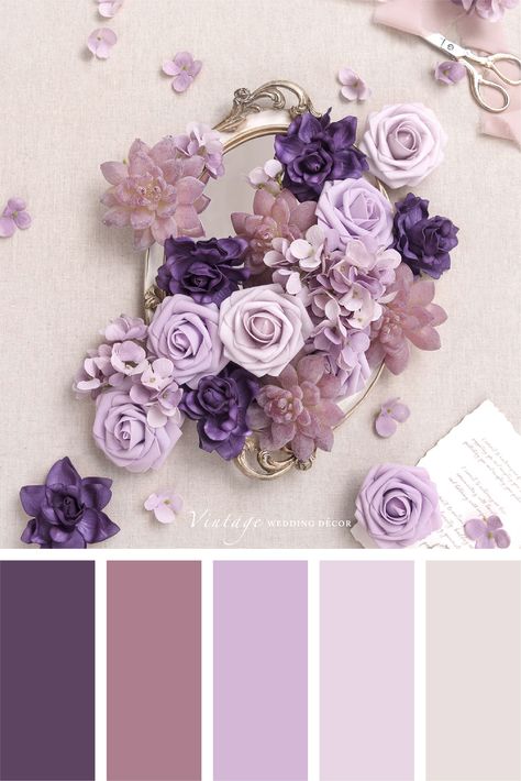 Colour Pallete For Bedrooms, Quinceanera Color Palette, Colour Palette For Dress, Wedding Swatches Colour Palettes, Purple And Dusty Rose Wedding, Dusty Purple Palette, Purple Wedding Colors Pallets, Dusty Lavender Color Palette, Soft Romantic Color Palette