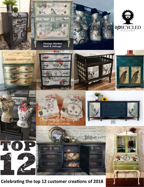 Roycycled Decoupage Ideas, Decoupage Furniture Chalk It Up Fancy, Diy Decoupage Furniture, Roycycled Decoupage Furniture, Prima Moulds, Decoupage Nesting Tables, Black Dresser Decoupage, Updated Furniture, Decoupage Chair