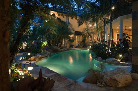 18 Awesome Tropical Outdoor Spaces For A Relaxing Backyard Oasis #pool #outdoors #outdoorliving Outdoor Swimming, Outdoor Swimming Pool, Night Time, Swimming Pool, Palm Trees, Trees, Swimming, Pool, Water