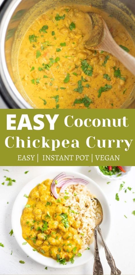 This Instant Pot Coconut Chickpea Curry is a creamy vegan curry, perfect for those busy weekdays. Made with staple pantry ingredients, this one-pot meal with pot-in-pot brown rice will make up for a perfect wholesome meal. | instant pot indian recipes | instant pot chickpeas | vegan chickpea curry | chickpea dinner | #chickpeascurry | pipingpotcurry.com Chickpea Coconut Curry Instant Pot, Chickpea Instapot Recipes, Crock Pot Chickpea Curry, Instapot Chickpea Curry, Instant Pot Curry Recipes Vegetarian, Instant Pot Chickpeas Recipes, Instant Pot Indian Recipes Vegetarian, Instant Pot Chickpea Curry, Instant Pot Curry Vegetarian