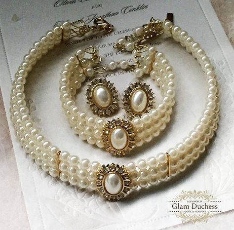 Bridal jewelry set, Bridal choker necklace earrings, Wedding choker, white Victorian pearl jewelry set, bridesmaid jewelry, choker set by GlamDuchess on Etsy Formal Pearl Drop Choker, Bridal Choker Necklace, Happily Ever After Wedding, Ever After Wedding, Pearl Jewelry Set, Shiny Rings, White Victorian, Evening Jewelry, Bridal Choker