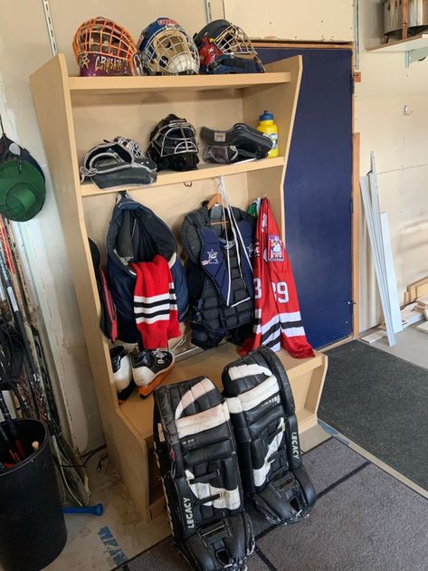 Locker Stall - Washed Up Goalie Diy Hockey Locker Plans, Hockey Locker Diy, Hockey Gear Storage, Hockey Equipment Storage, Hockey Storage, Hockey Locker, Hockey Organization, Diy Locker, Hockey Room