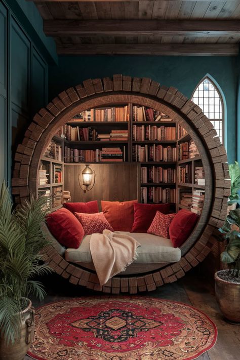 Experience a cozy barrel-shaped reading nook with built-in bookshelves, plush red cushions, a vintage lamp, and a Persian rug. This rustic yet elegant corner is perfect for unwinding with a good book. #ReadingNook #CozyHomeDecor #RusticAesthetic #HomeLibrary #InteriorDesignIdeas #ReadingCorner #RusticCharm #BohoHome #VintageDecor #SmallSpaceDesign Witchy Reading Nook, Cottage Reading Nook, Reading Cubby, Cosy Book Corner, Mini Library At Home, Book Nooks Cozy Home Libraries, Rustic Reading Nook, Cozy Library Room Ideas, Cozy Library Room