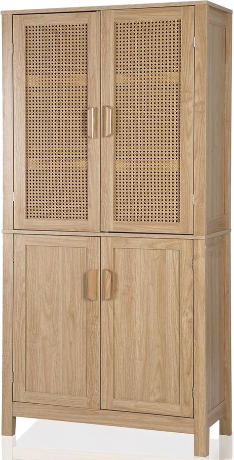 Amazon.com: MISHAO 71" Kitchen Pantry Storage Cabinet, Tall Storage Cabinet with Rattan Doors & Adjustable Shelves, Freestanding Cupboard Wood Pantry for Kitchen, Living Room, Dining Room Hallway, Natural : Home & Kitchen Pantry For Kitchen, Freestanding Cupboard, Tall Kitchen Pantry Cabinet, Wood Pantry, Shelves Freestanding, Cabinet Tall, Tall Storage Cabinet, Home Bathroom Ideas, Home Decor Plants