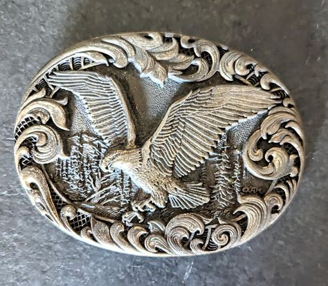 Solid brass vintage belt buckle apx 3 inch wide with flying Eagle.