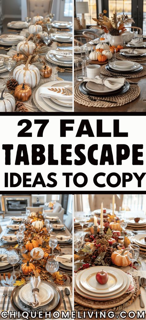 Looking to create a memorable and elegant Thanksgiving table? These 27 stunning fall tablescape ideas will inspire you to design a festive and inviting setting for your holiday feast. From rustic farmhouse styles with natural elements like pumpkins, pinecones, and burlap to modern chic setups featuring metallic accents, candles, and floral arrangements, these ideas cater to every taste. Farmhouse Table Fall Decor, Fall Dinner Decor Ideas, Thanksgiving Fall Table Decor, Autumn Table Setting Ideas, White Fall Tablescapes, Fall Centerpiece For Long Table, Thanksgiving Plate Decorations, Fall Birthday Tablescapes, Galvanized Table Decor