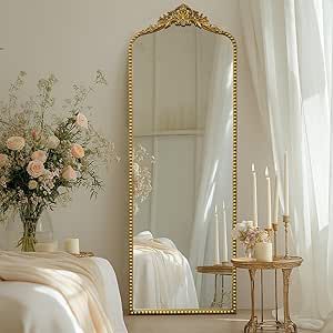 G-LEAF Vintage Baroque Full Length Floor Mirror 22"X65", Victorian Antique Mirror with Brush Gold Ornate Metal Frame for Fireplace Entryway Living Room Hallway Bathroom Floor Length Mirror Decor, Big Vintage Mirror, Gold Mirror Living Room, Full Length Mirror Gold, Antique Room Decor, Fireplace Entryway, Mirror Over Fireplace, Gold Arch Mirror, Baroque Mirror