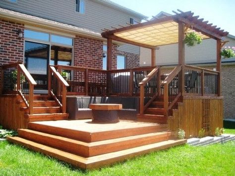 2 level wood deck Wood Deck Patio, Landscaping Around Deck, Two Level Deck, Humble House, Fire Pit Seating Area, Multi Level Deck, Tiered Deck, Hot Tub Deck, Roof Overhang