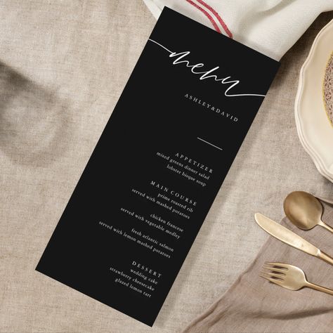 Black Minimalist Wedding, 35 Birthday, Rustic Wedding Menu, Wedding Table Menus, Elegant Wedding Menu, Simple Calligraphy, Menu Table, Black Calligraphy, Wedding Dinner Menu