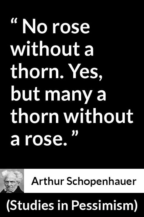 Arthur Schopenhauer quote about beauty from Studies in Pessimism (1891) - No rose without a thorn. Yes, but many a thorn without a rose. Pessimism Quotes, Existential Quotes, Mbti Quotes, Rose Thorns Quotes, Pessimistic Quotes, Quote About Beauty, Quotes About Roses And Thorns, Quotes Nietzsche, Arthur Schopenhauer Quotes