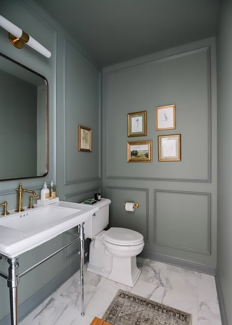 Creating A Moody Powder Bathroom: Progress Photos & A Mini Reveal! - Bathroom Spa Paint Colors, Cape Cod Powder Room, Fun House Paint Ideas, Historical Tiles Bathroom, Old World Powder Room Ideas, Castle Walls Benjamin Moore, Bm Atmospheric Paint, Bruce Spruce Benjamin Moore, Bedroom Walls And Trim Same Color