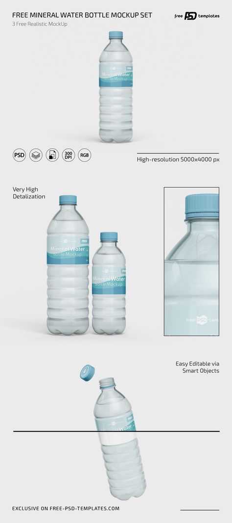 Thanks to this free mockup, you can easily create a compelling representation of your mineral water brand. Water Bottle Mockup Free Psd, Mineral Water Brands, Water Bottle Mockup, Mineral Water Bottle, Water Branding, Psd Template Free, Mineral Water, Bottle Mockup, Water Design