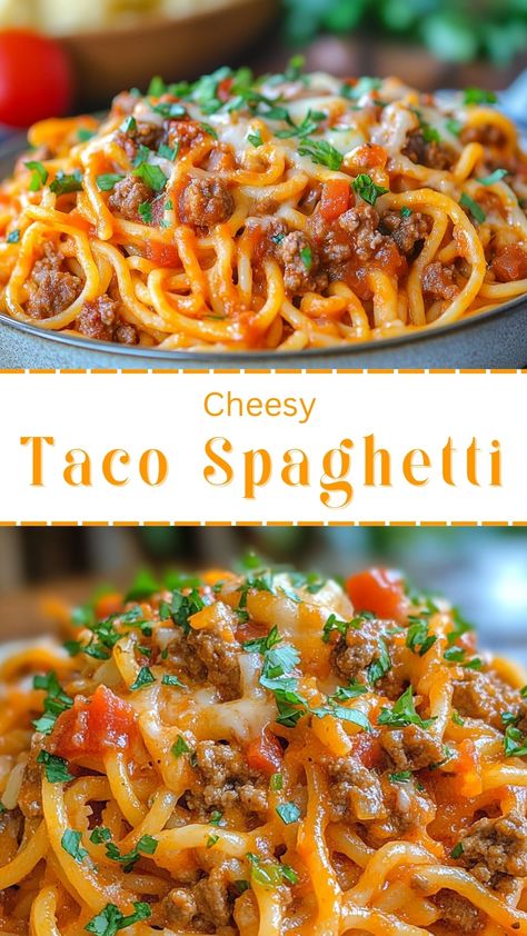 Cheesy Taco Spaghetti Baked Taco Spaghetti Recipe, Taco Speggetti, Cheesy Taco Spaghetti, Taco Speggetti Recipes, Spaghetti Tacos Recipe, Nacho Spaghetti, Baked Taco Spaghetti, Taco Spaghetti To Die For, Taco Spaghetti Easy