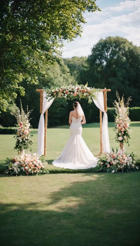 outdoor wedding altar with beautiful floral arch Wedding Without Arch, Floral Arch Wedding Outdoor, Wedding Altar Ideas, Wedding Arbor Ideas, Wedding Magical, Wooden Wedding Arches, Indoor Wedding Decorations, Floral Arches, Wedding Altar