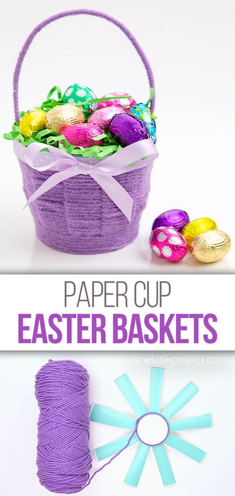 Photo of easter basket with easter eggs and some materials used to make it. Easter Basket Crafts For Kids Easy Diy, Paper Cup Yarn Basket, Basket Weaving Craft For Kids, How To Make A Mini Basket, Paper Cup Basket Weaving, Diy Tiny Basket, Mini Easter Baskets, Easter Basket Craft, Stairs Decoration